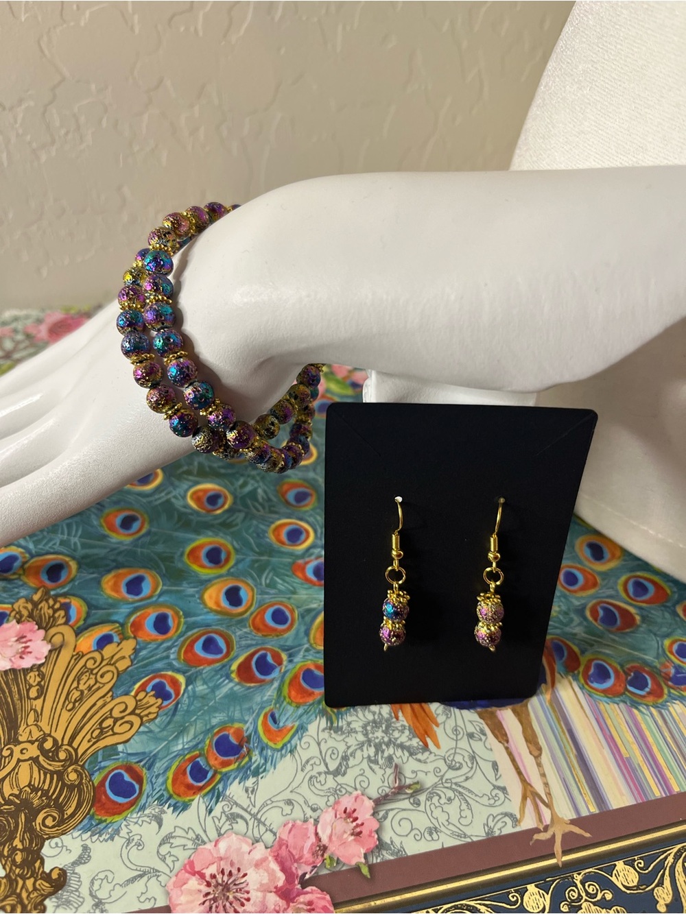 Rainbow Druzy Bracelet & Earrings Set Gold Accents Handmade Sparkle Jewelry - Picture 8 of 9